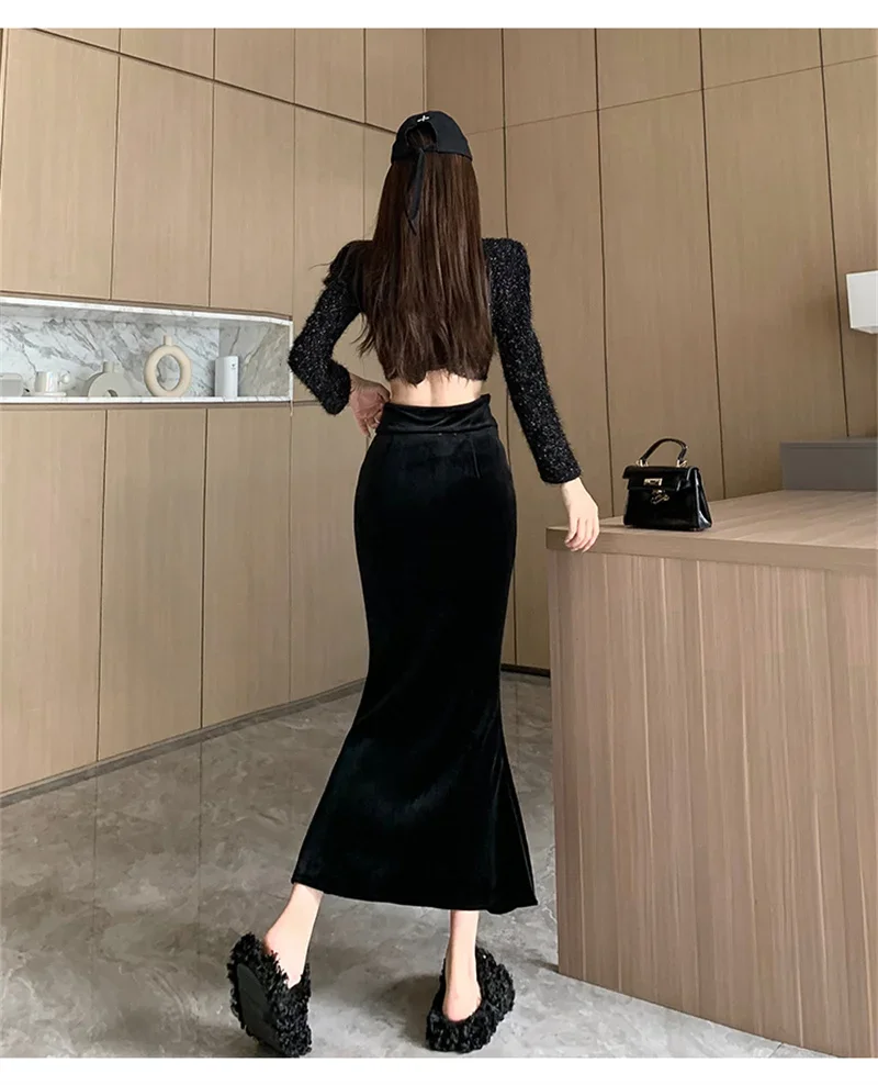 Nieuwe Franse Fluwelen Slanke Zeemeermin Rok Vrouwen Elegante Sexy Verpakt Hip Hoge Taille Mode Lange Party Rokken Knoppen Mujer Faldas