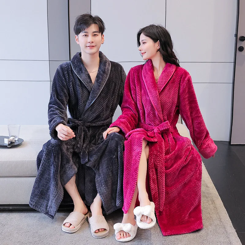 Warm Winter Autumn Robe Thicken Flannel Bathrobe Gown Long Sleepwear Women Home Dressing Gown Fleece Shower Robe Solid Peignoirs