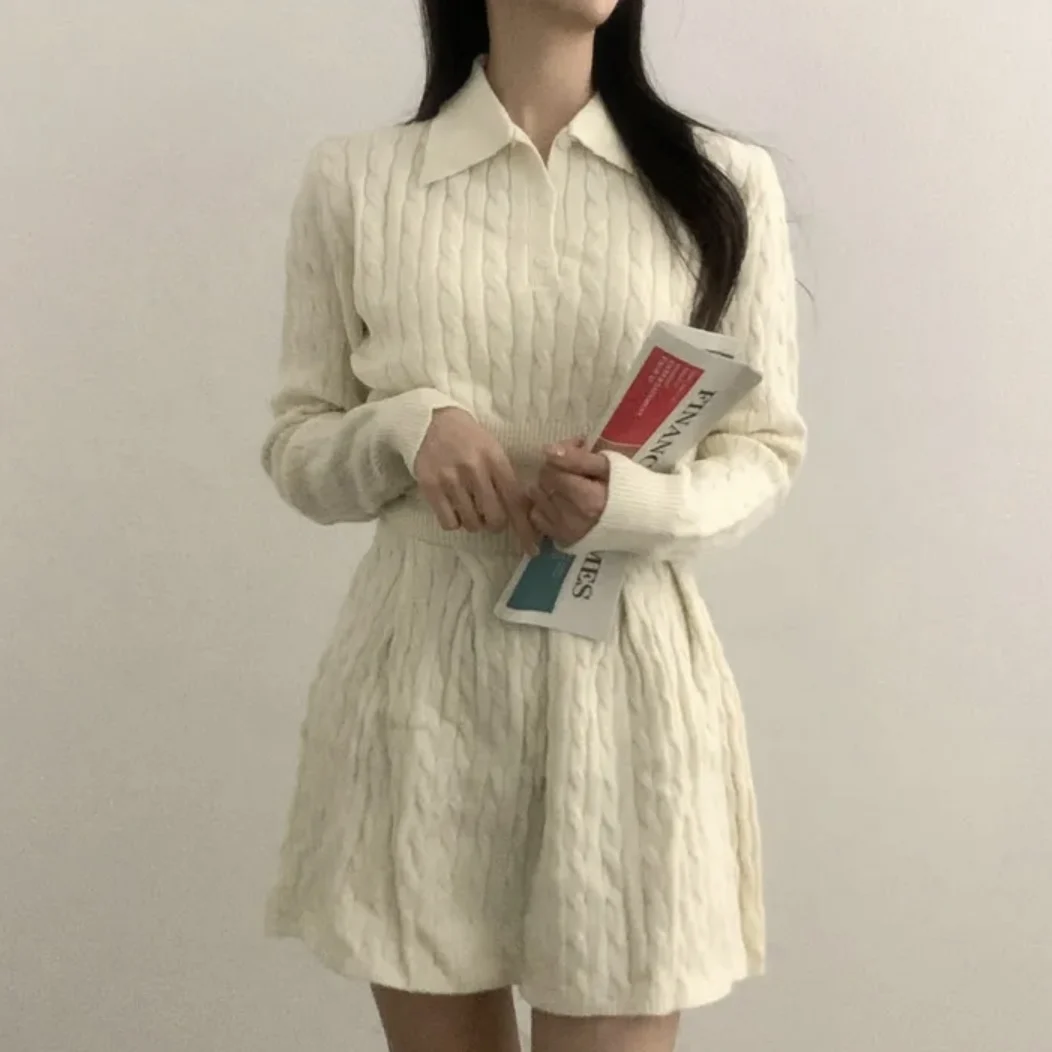 

Шикарный вязаный витой комплект с воротником, топ, повседневная юбка, комплект из двух предметов, женский комплект Faion, китайское происхождение