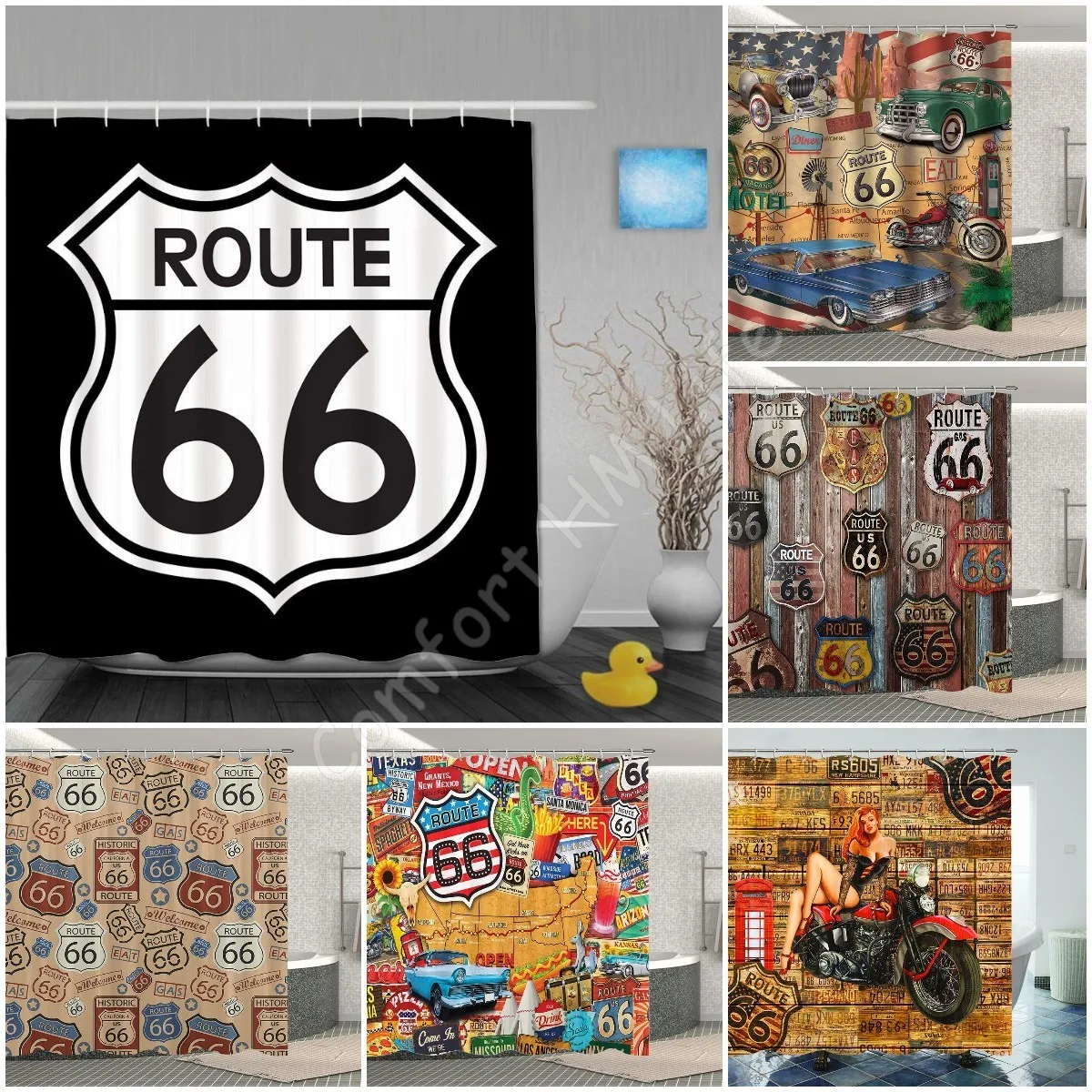 Polyester Fabric Waterproof Shower Curtain Set with 12 Plastic Hooks Home Decorative Bath Curtains US Route 66 Sign 72x78 Inches