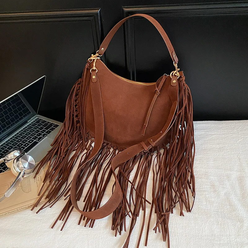 البوهيمي طويل شرابة حقيبة كتف نصف القمر فو الجلد المدبوغ حقائب كروسبودي للنساء مصمم حقيبة تحت الإبط حقائب يد جديدة حقائب النساء