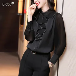 Premium Black Ruffled Straight Office Lady Dress Shirts Spring Autumn Thin Chiffon Solid Color Blouses Elegant Women's Clothing