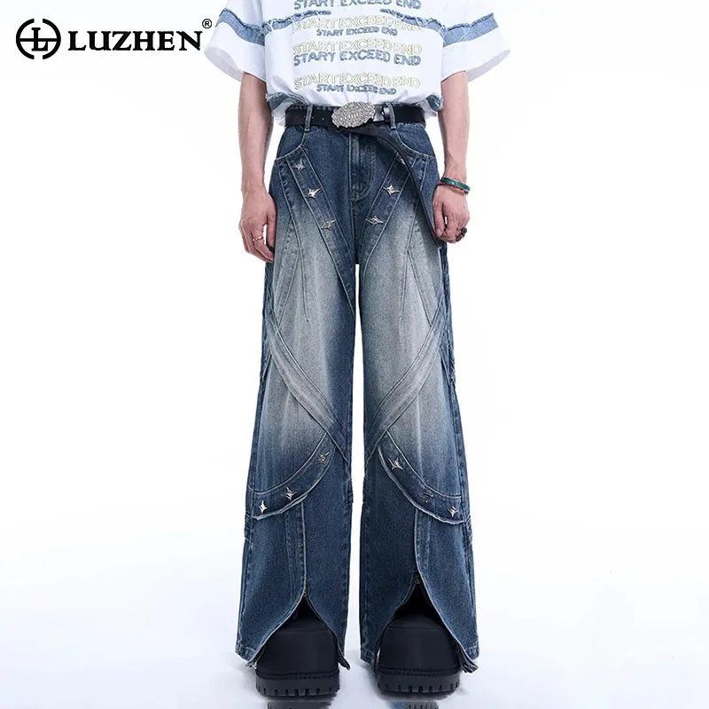 

LUZHEN Metal Decorate Design Personalized Trendy Split Straight Denim Pants Original High Quality Baggy Washed Jeans Men LZ4899