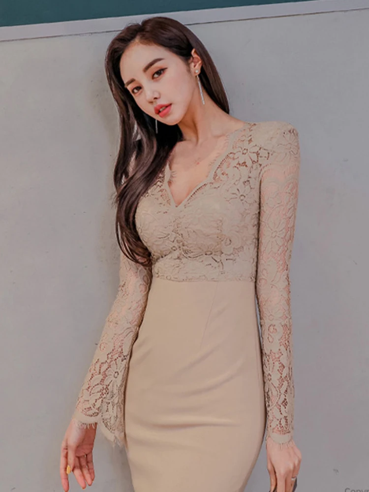 Korean Fashion Ladies Work Style Pencil Dresses Women Clothing Elegant Office Commute Lace Sexy V-Neck Slim Dress Mujer Vestidos
