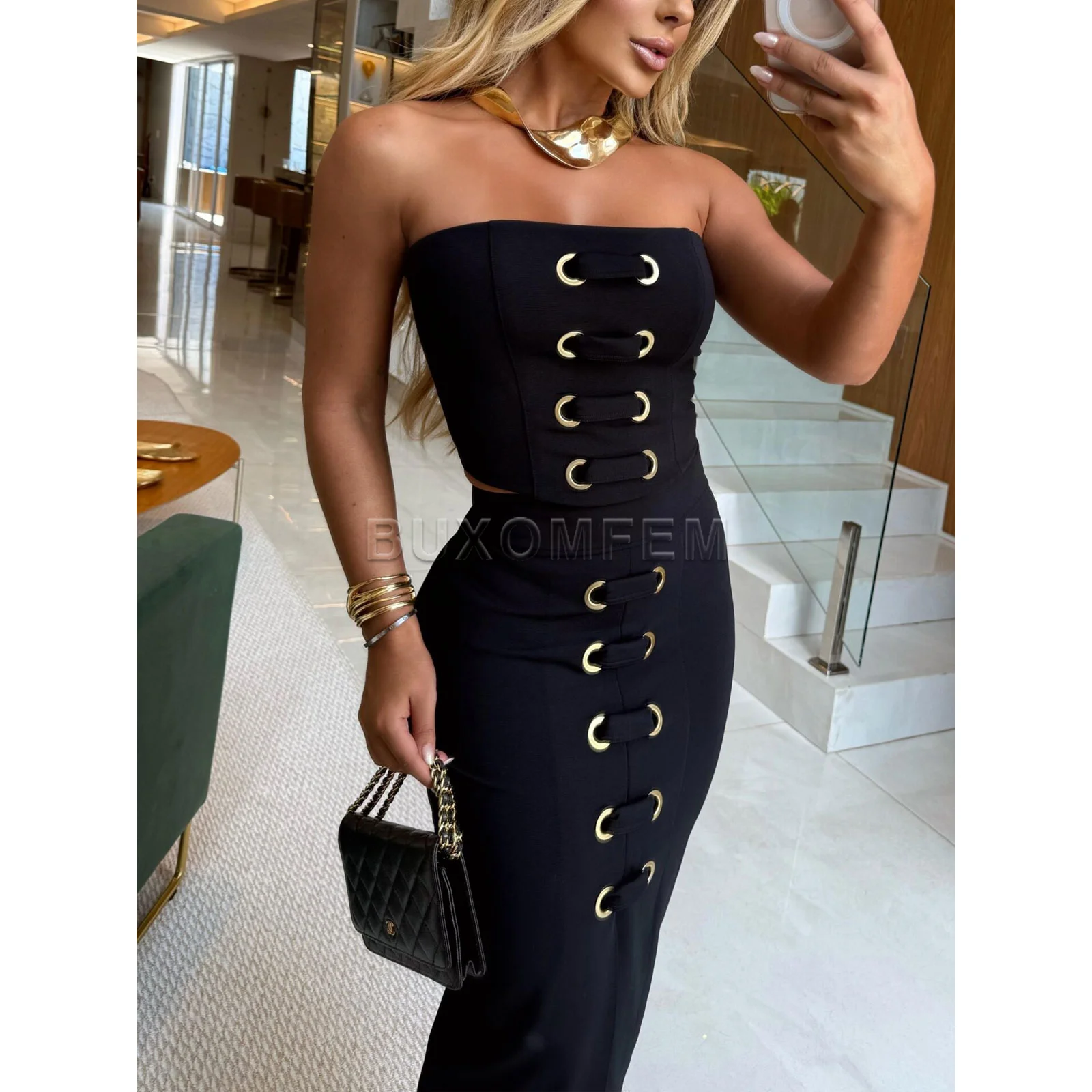 Ladies Wrapped Hip Slit Long Skirts Women Summer Two-Piece Outfits Solid Color Sleeveless Sexy Dress Female Stylish Clothing