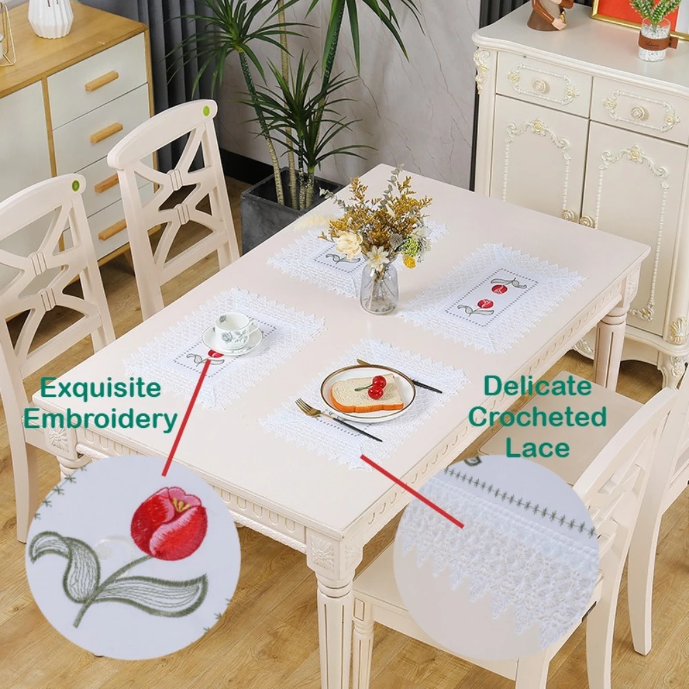 

4pcs Elegant Lace Placemats With Red Tulip Floral Embroidery Perfect Mother's Day Gift For Dining Table Home Decor Table Cover