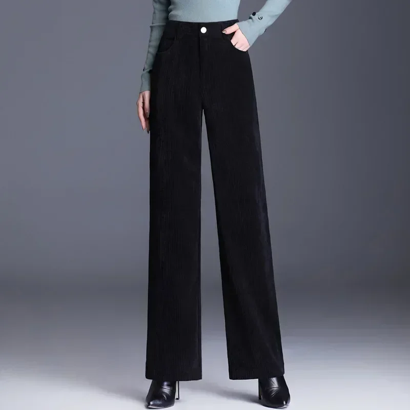 Corduroy Wide Leg Pants Women Autumn Winter High Waist Straight Pants Loose Large Size Lady Trousers Black Brown Casual Pants