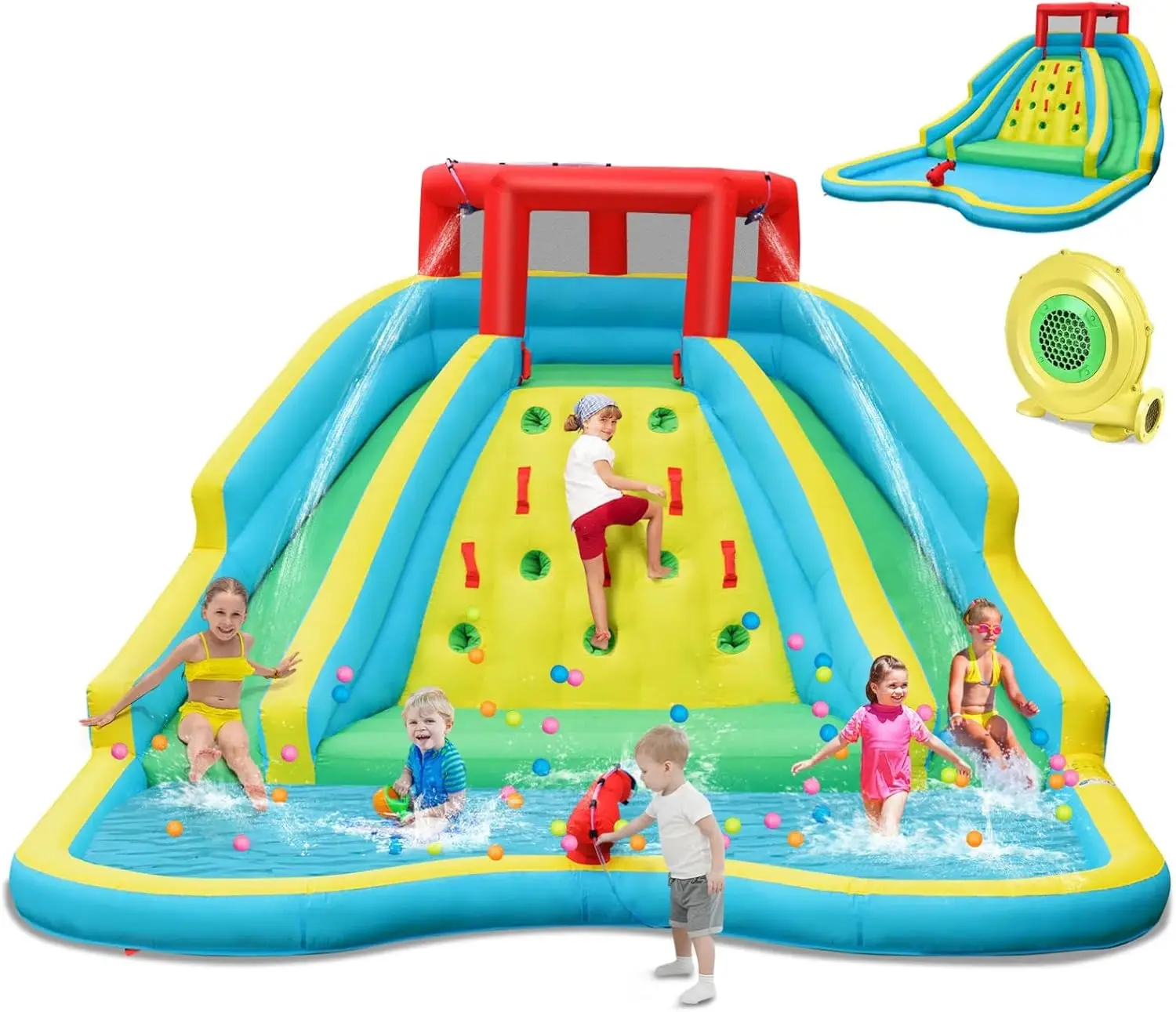 Giant Inflatable Water Park for Kids: 2 Long Slides, Climbing Wall, Water Cannons & Hoses, Large Splash Pool, Outdoor Backyard Blow Up Waterslide with 950W Blower