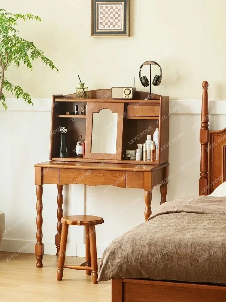 LLRetro Cherrywood Solid Wood Dressing Table Simple Mid-Ancient Bedroom Multi-Functional Integrated Makeup Table Mirror