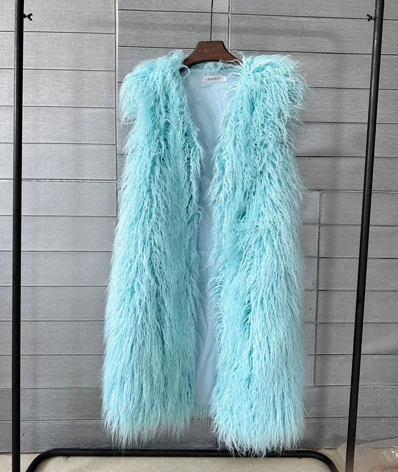 Winer Women Warm Faux Fur Plush Coats Mongolia Sheep Fur Women Long Vest Female Jacket Autumn Furry Sleeveless Outerwear 2024