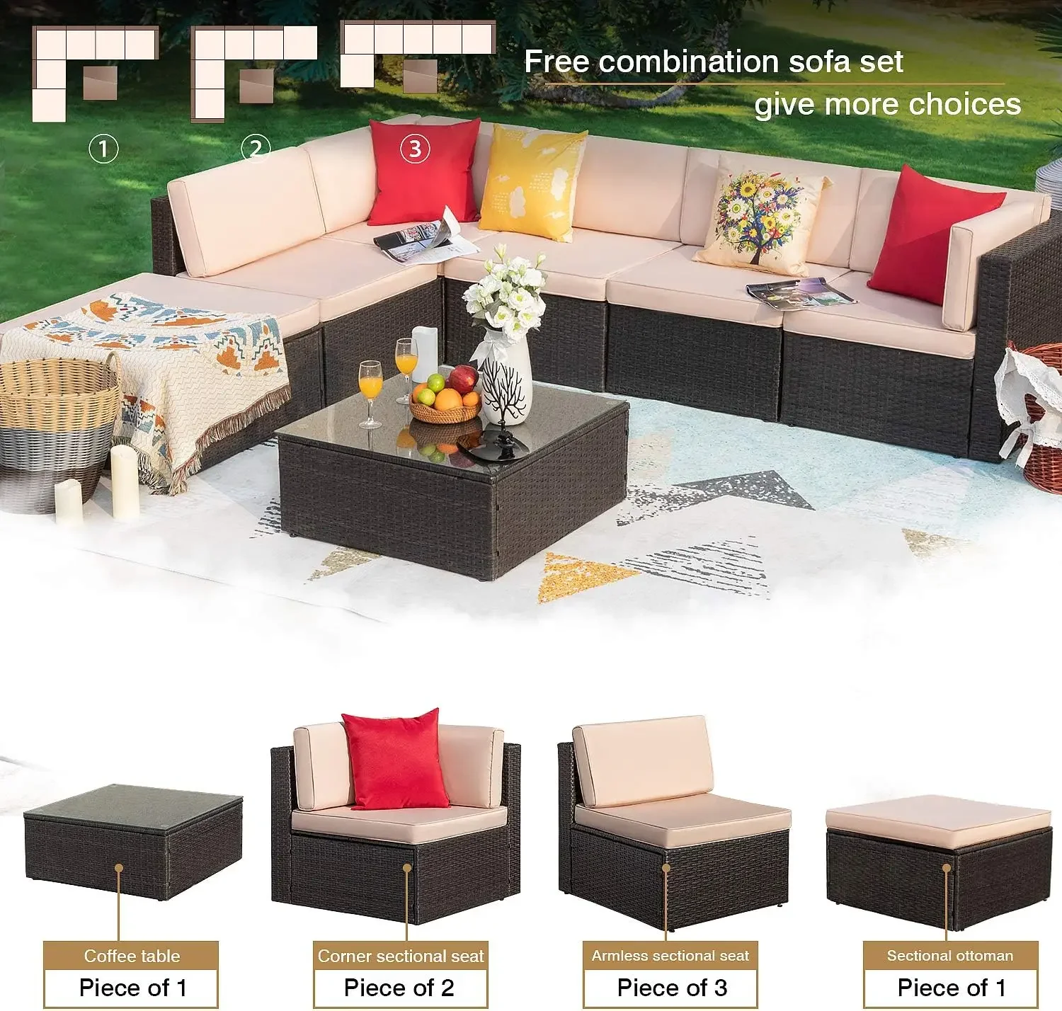 7 Pieces Patio Outdoor Furniture Sofa Set, All Weather PE Rattan Wicker Sectional Sets Modern Modular Couch Outside