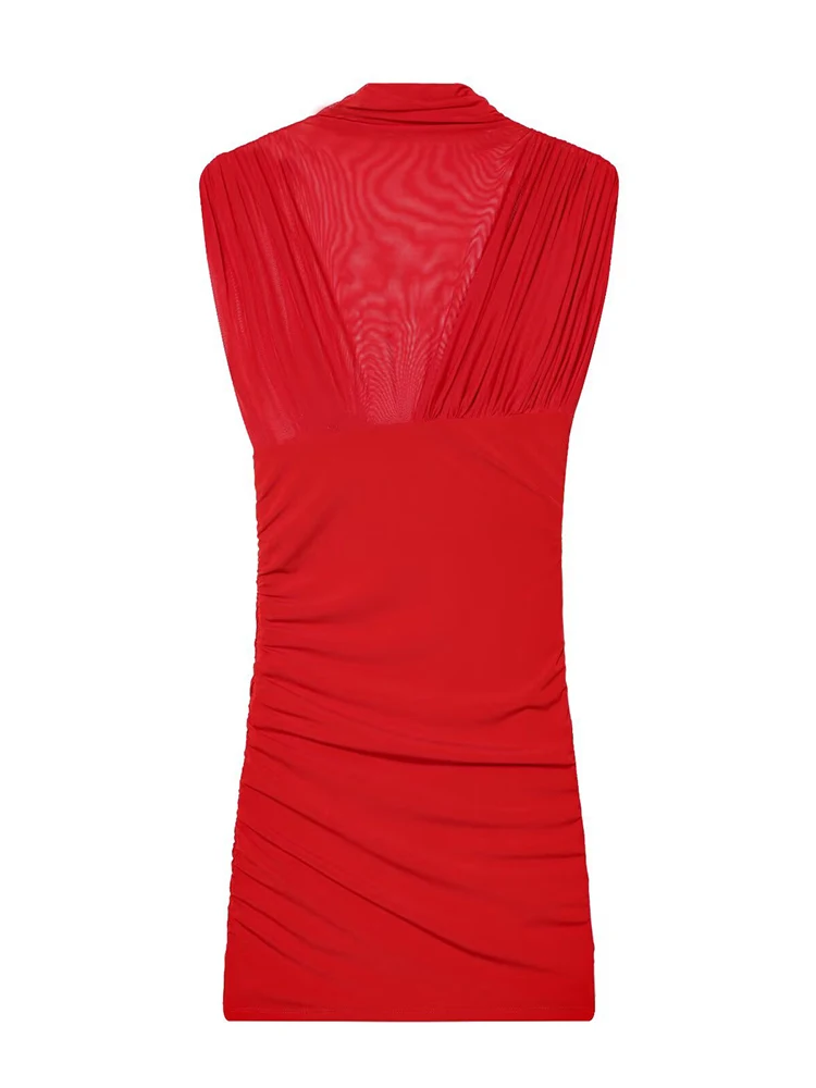 فستان Trendix شبكي نحيف بطيات للنساء برقبة على شكل V مثير شفاف من خلال فساتين قصيرة بدون أكمام للحفلات المسائية الأنيقة