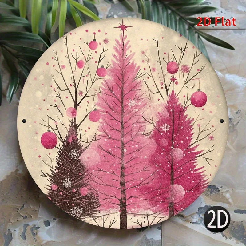 2D flach, 1 Stück rosa Weihnachtsbaum rundes Metallschild – festliche Wandkunst mit Schneeflocken und Ornamenten, ideal für Zuhause, Bauernhaus, Sho