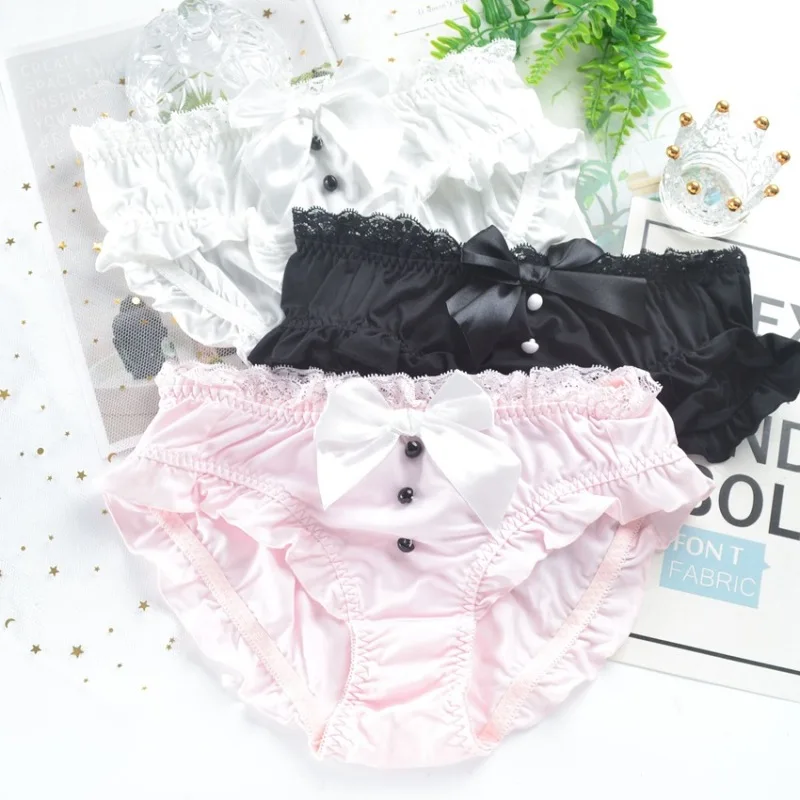 Lolita Princess Style Milk Silk Bow Cute Lovely Sweety Women Underwear Lace Ruffle Button Breathable Stretch Panties Soft Breifs