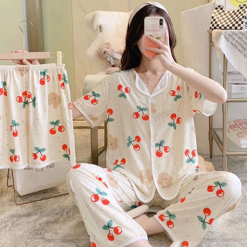 New Spring/Summer Women's Short-Sleeve Three-Piece Pajama Set, Women's Short-Sleeve Loungewear, Women's Summer Outfit Set