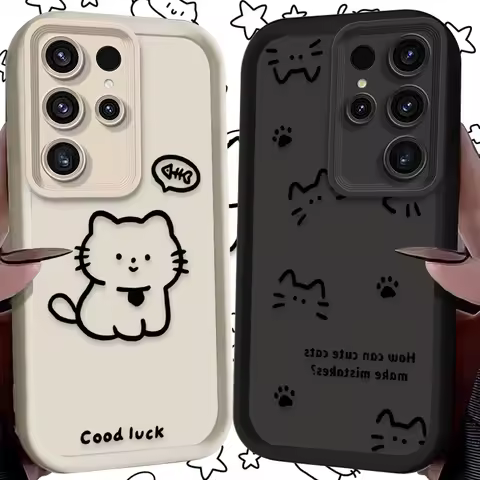 Lovely Line Cat Phone Case for Samsung Galaxy S25 S24 S23 Ultra S22 S21 Plus FE 5G A54 A34 A14 A73 A53 A33 5G Silicone Back Etui