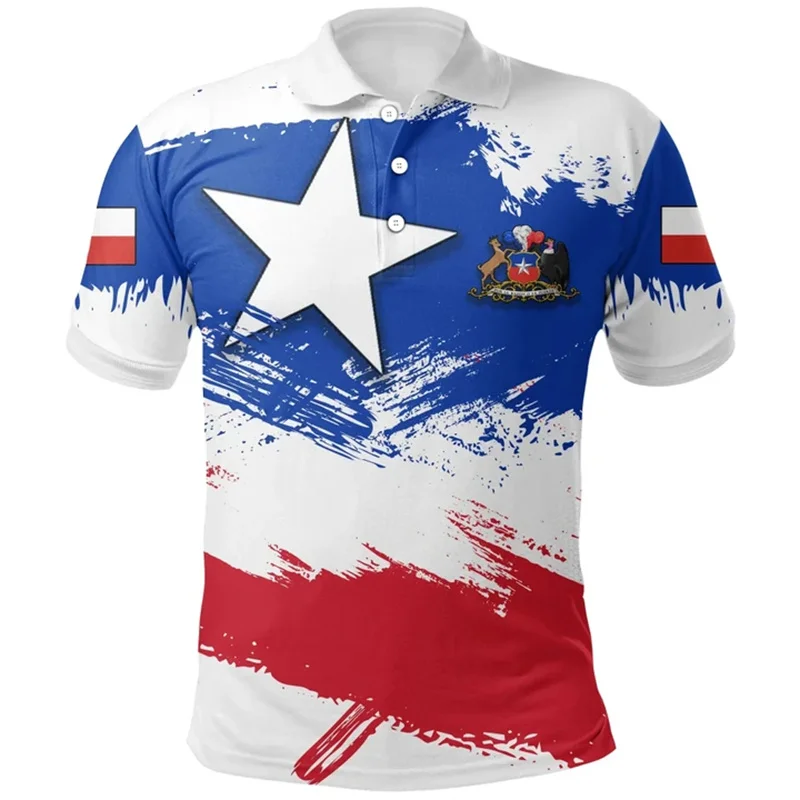 Chile Flag Polo Shirt Men's Summer 3d Print Tee Shirts Casual Loose Short Sleeve Tops Sports Lapel Oversized Lapel Tshirts