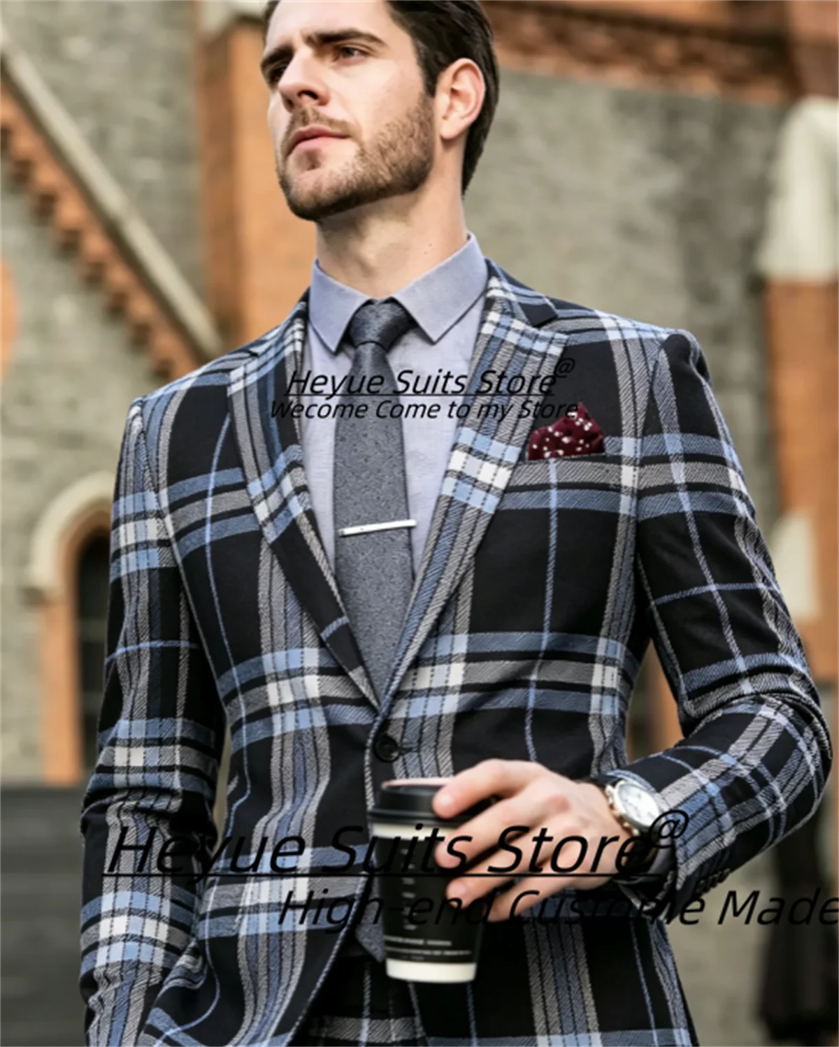 Classic Plaid Men Suits Customized Male Party Blazers Slim Fit 2 Pieces Sets Business Notched Lapel Formal Tuxedos Costume Homme