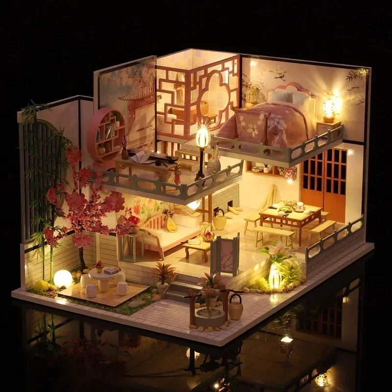 

Japanese Casa Miniature Building Kits Dollhouse DIY Wooden Doll House With Furniture Lights Villa for Girls Christmas Gifts
