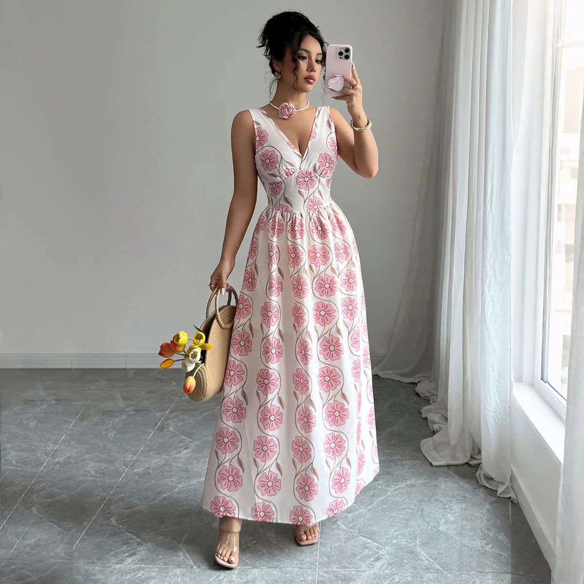 

Long Dress Women Dresses A Line Vestidos Print V Neck Sleeveless Elegant Splice Y2k Streetwear Party Night Work Summer 2025