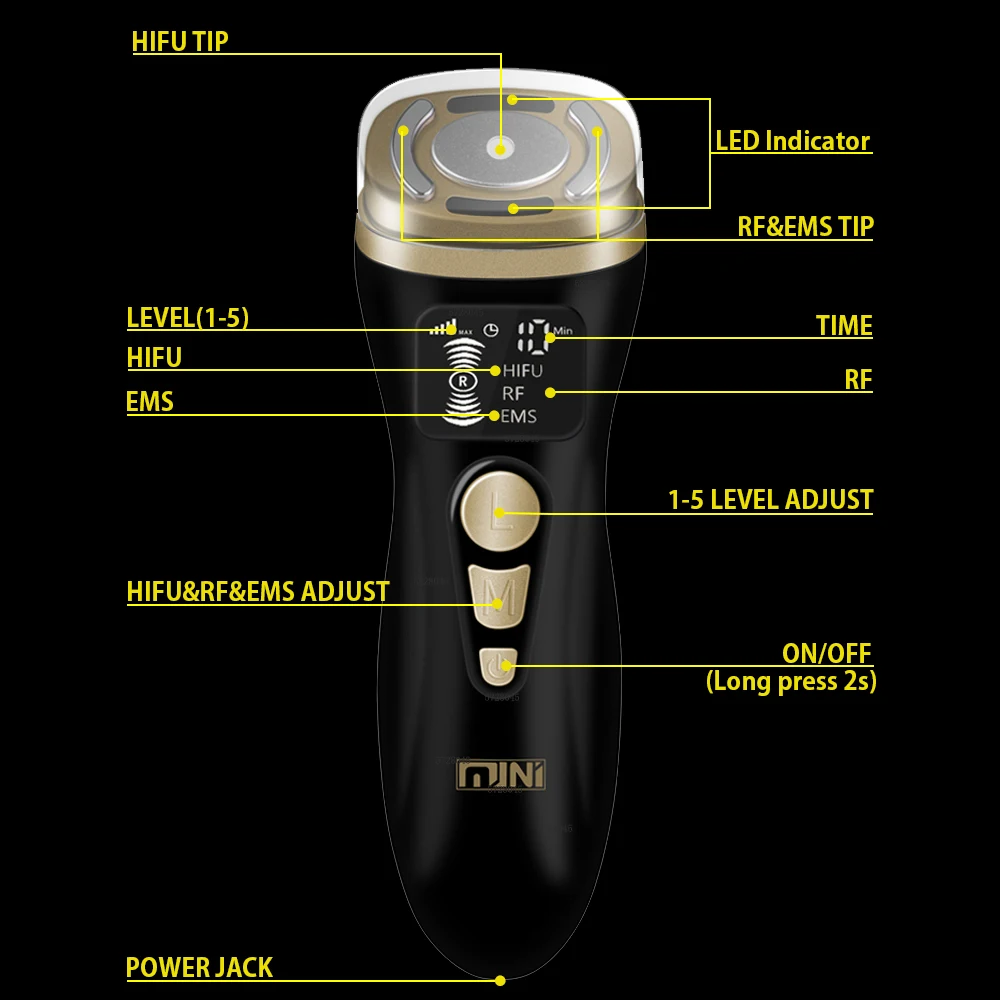 HIFU2.0 Black Mini HIFU Machine Ultrasound RF EMS Microcurrent Sagging Lifting Firming Tightening Skin Care