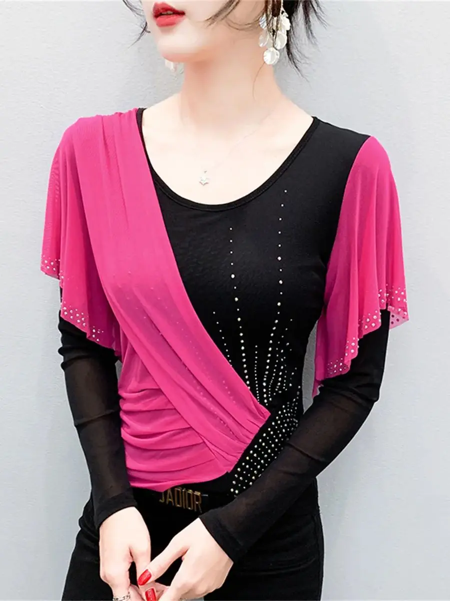 

Fall 2025 Fashion Mesh Blouse Color-Block Patchwork Ruffles Rhinestone Long Sleeve Versatile Tshirt for Women