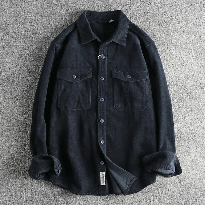 America Style Vintage Corduroy Cotton Shirt for Men Winter Fall Fashion Solid Color Long Sleeve Loose Casual Multi Pocket Coats