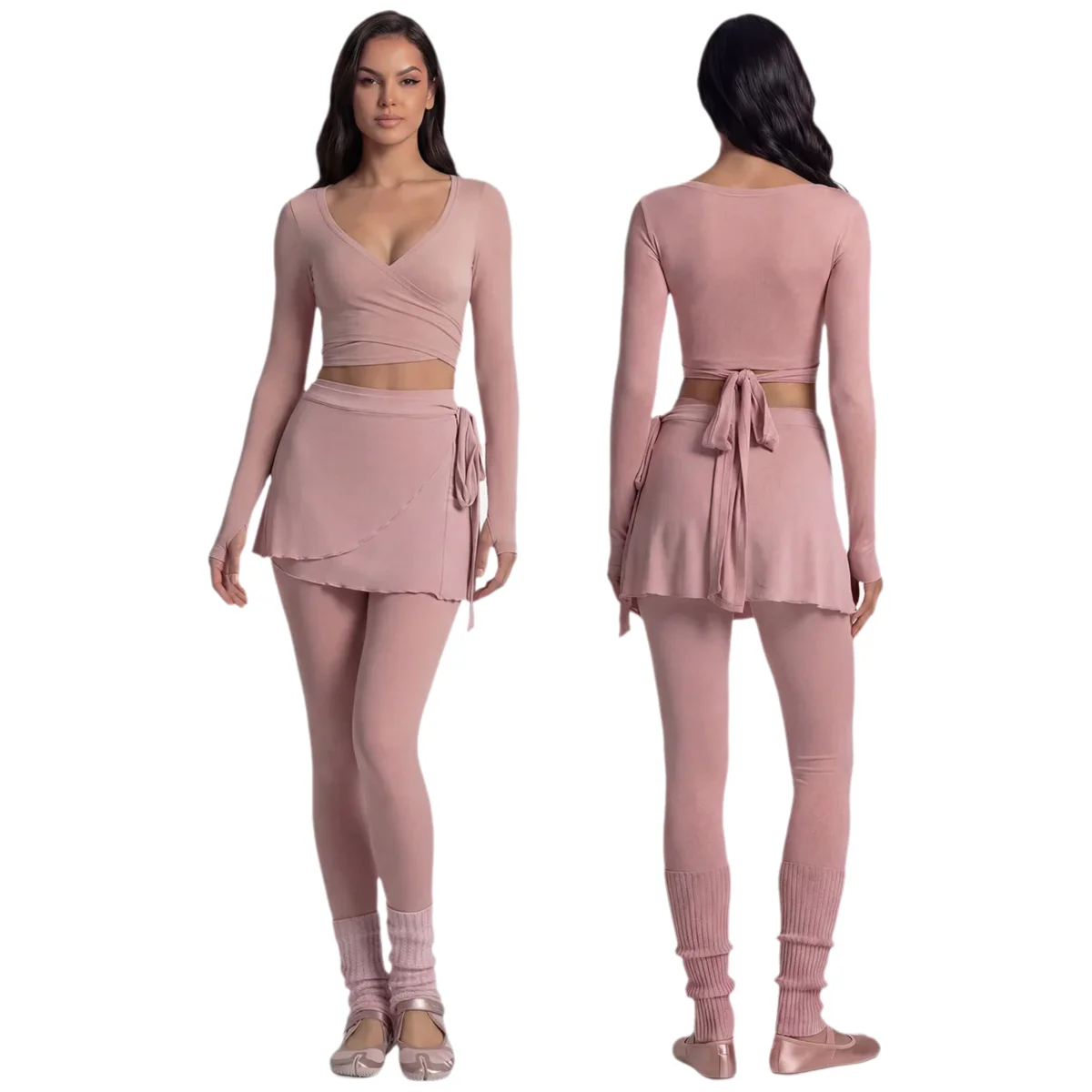 Long Sleeve Yoga Top Cross Front Ballet Core Workout Set Tie Back Sports Top Women Gym Dance Pilates Fitness Clothes