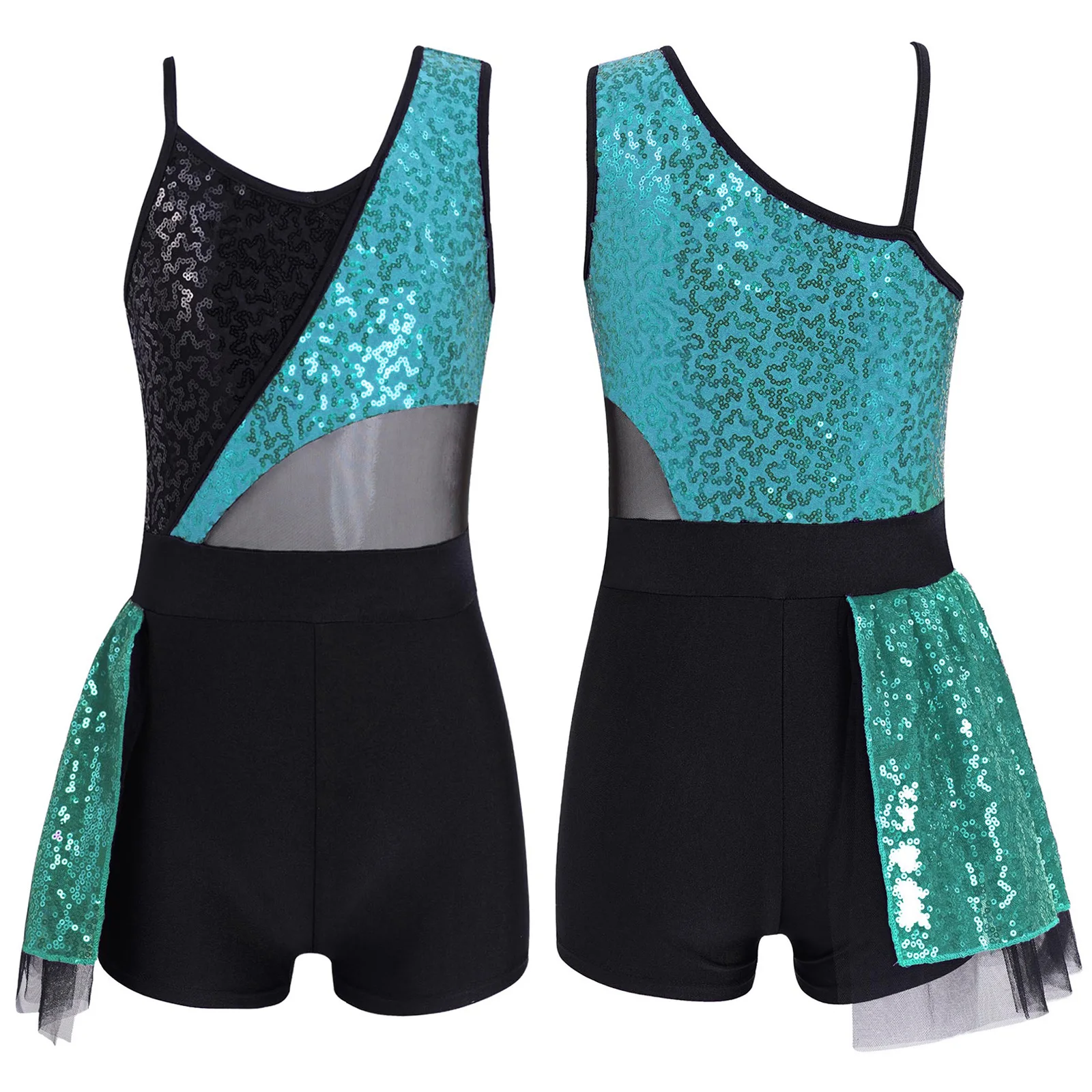 Kids Girls Stage Performance Showing Costumes Sparkling Sequins Mesh Patchwork Bodysuit Jazz Latin ChaCha Dance Leotards