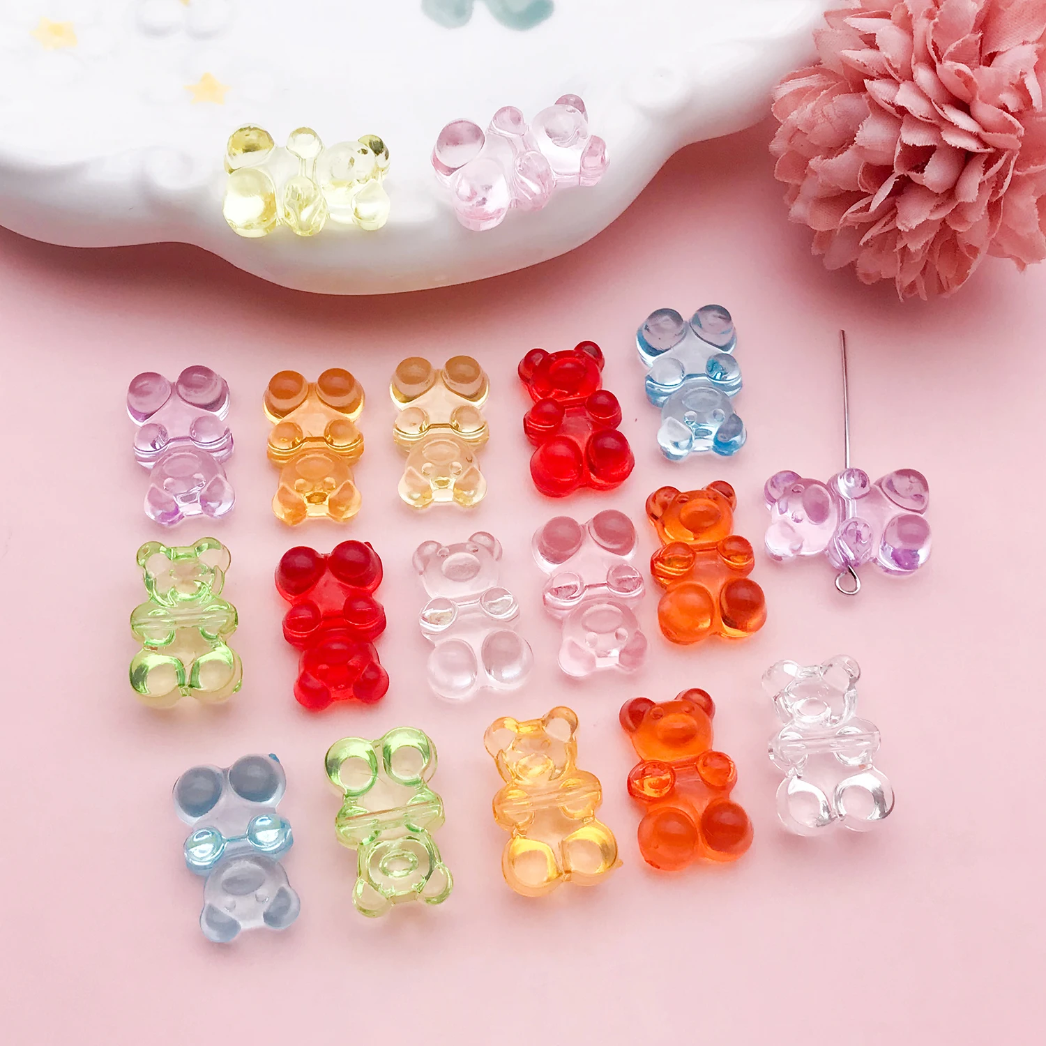 20pcs Acrylic Colored Transparent Teddy Bear Perforated Beads Jewelry Making DIY Earrings Charms for Jewelry Bracelets Necklace