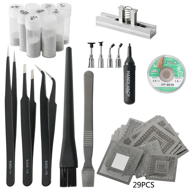 

ATI/Universial Direct Heating BGA Reball Stencil Tool PCB Reballing Stencil Kit Solder Paste+BGA Soldering Wick