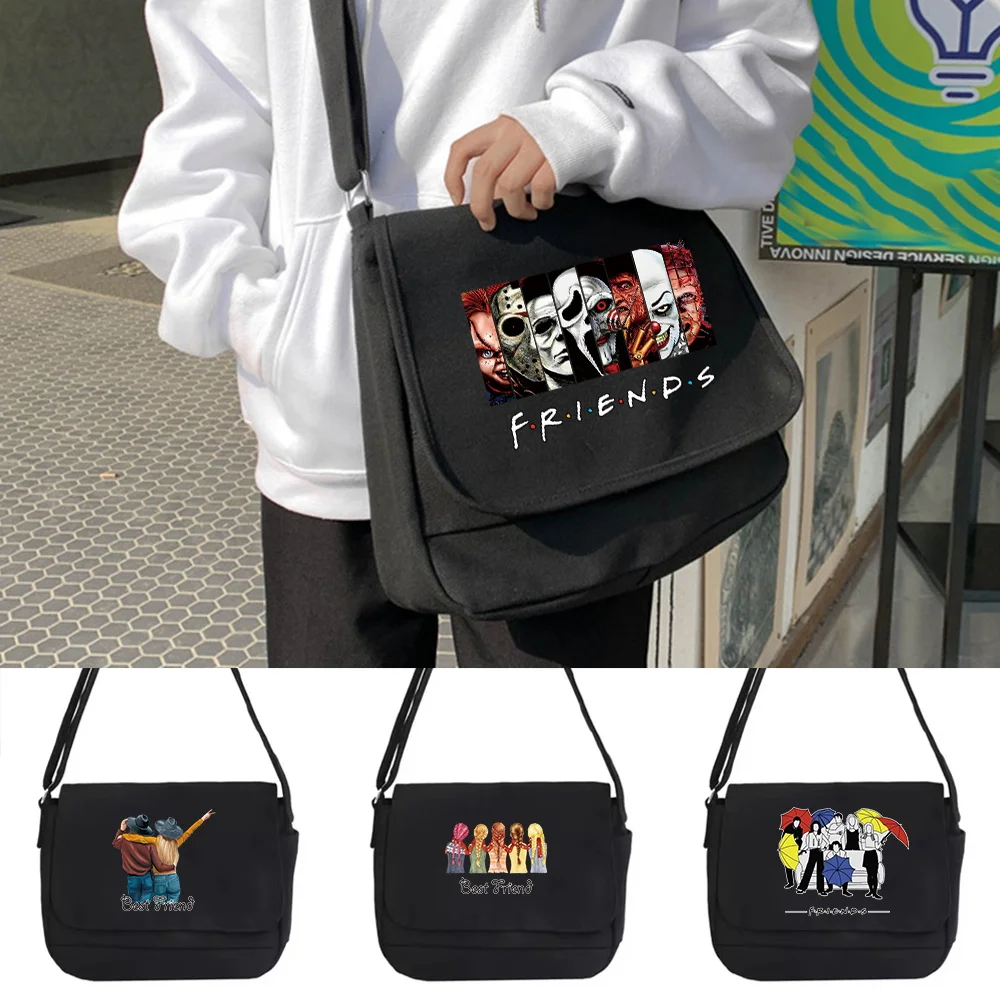 Messenger Bag Black Canvas Casual Handbag Friends Series Fashion Crossbody Purse Portable Organizer Pouch Canvas Flap-bag