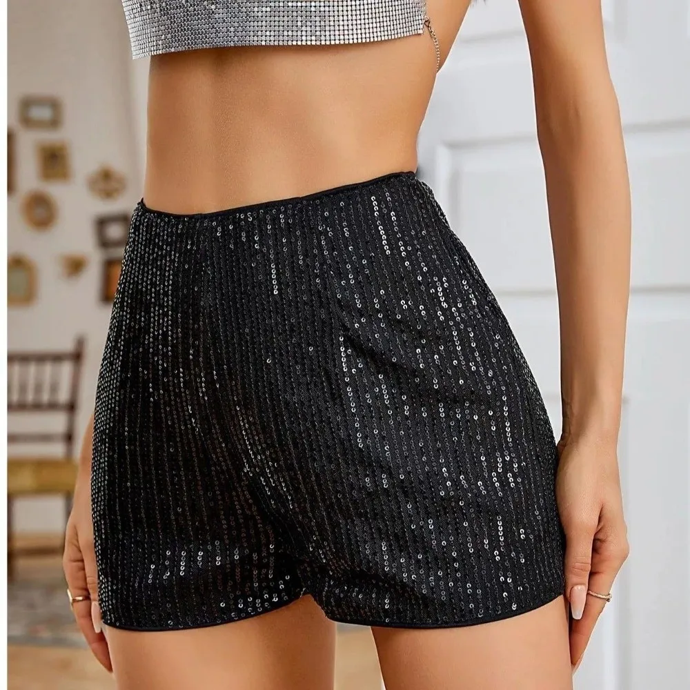 Classic Y2K Sequin Shorts Straight High Waist Sprots Shorts Stage Performance Cheerleading Team Hot Pants Nightclub