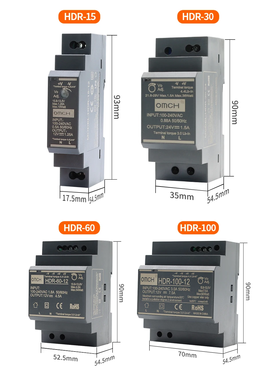 OMCH HDR-Serie DIN-Schienen-Schaltnetzteil HDR-15 100–240 VAC 15 W 30 W 60 W 100 W AC-zu-DC-Spannung 5 V 12 V 24 V 48 V 0–7,1 A SMPS – Detail 7