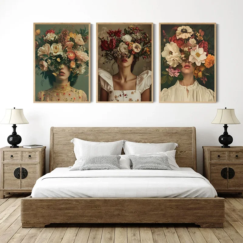 Beauty Sexy Woman with Colorful Flower Floral Head Poster Print Wall Art Pictures Canvas Painting Living Room Home Decor Gift