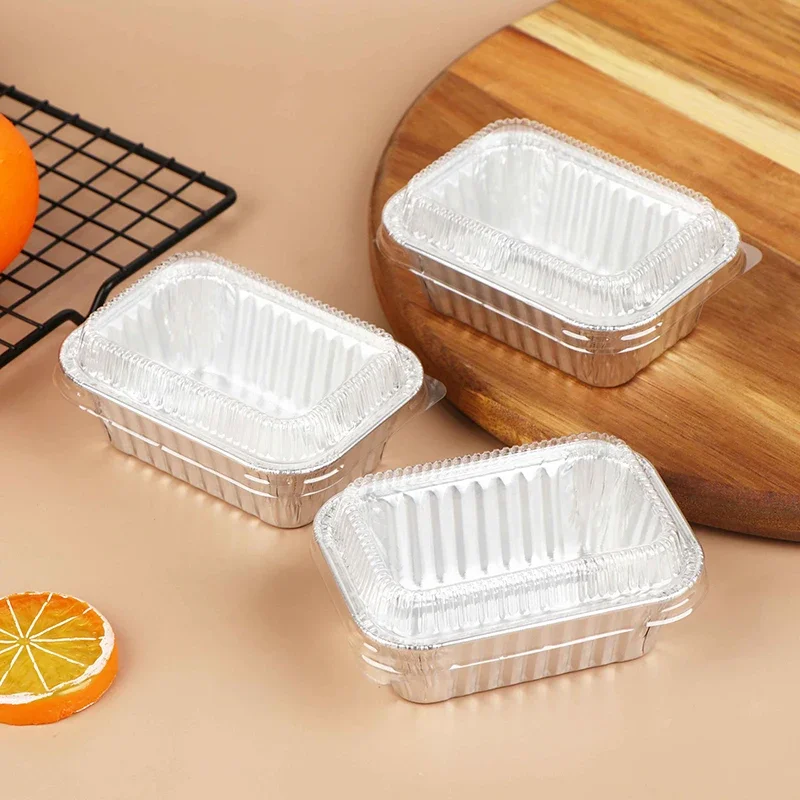 10 قطعة من مقالي الخبز المصنوعة من رقائق الألومنيوم المستطيلة للاستعمال مرة واحدة مع أغطية للكعك والكعك والخبز وتخزين المواد الغذائية وحاويات الوجبات الجاهزة #2