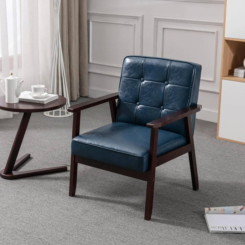 

Mid Century Modern Accent Chairs, Retro Wood and Leather Armchairs Side Chair, Lounge Reading Comfy Arm Chair for Living Room,