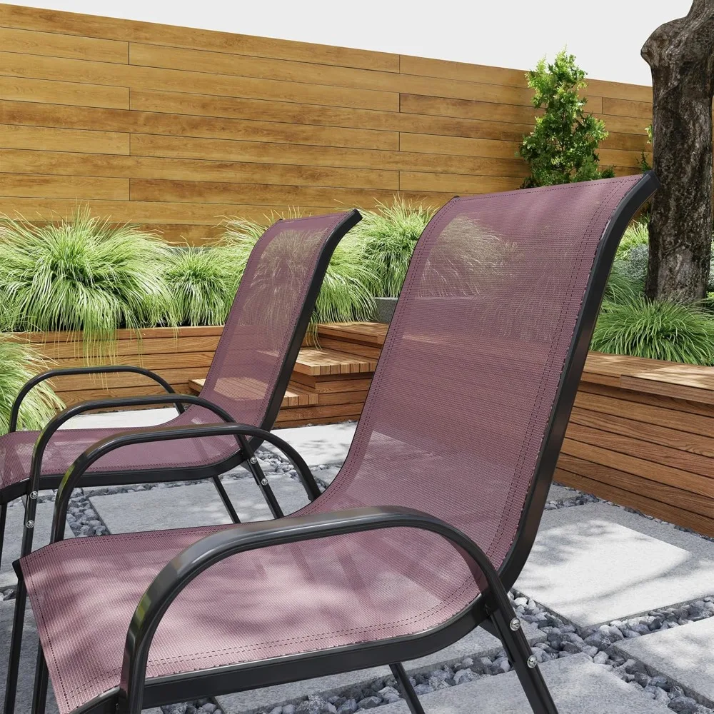 مجموعة كراسي تناول الطعام في الهواء الطلق مكونة من 4 قطع، كراسي تناول الطعام في الفناء قابلة للتكديس، وكراسي فناء خارجية عالية الظهر مع مقعد شبكي مسامي