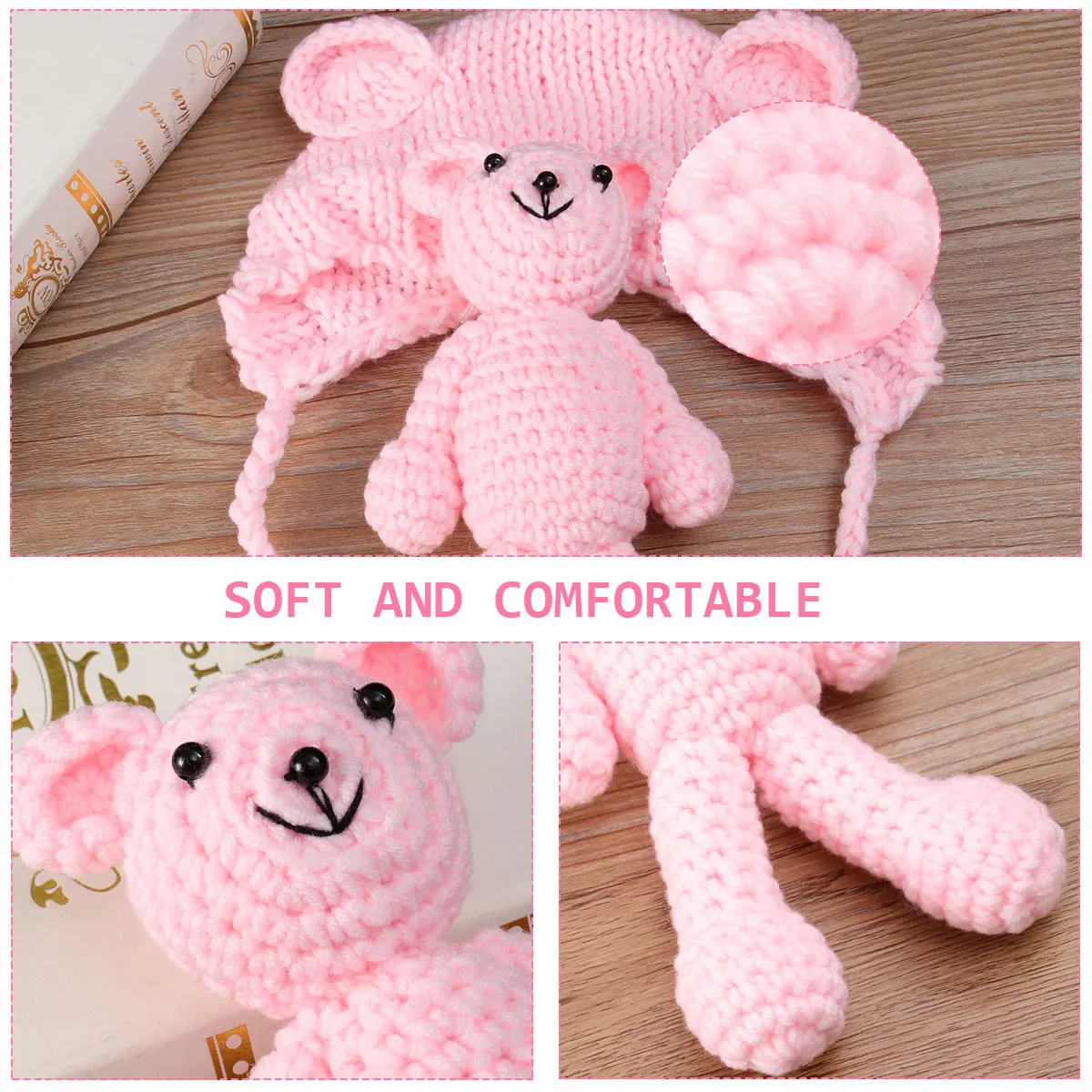 

Реквизит для фотосъемки новорожденных, вязаная детская шапка, светло-розовый вязаный крючком медведь, детская шапочка для фотосессии, реквизит для фотосессии для детей 0-6 месяцев