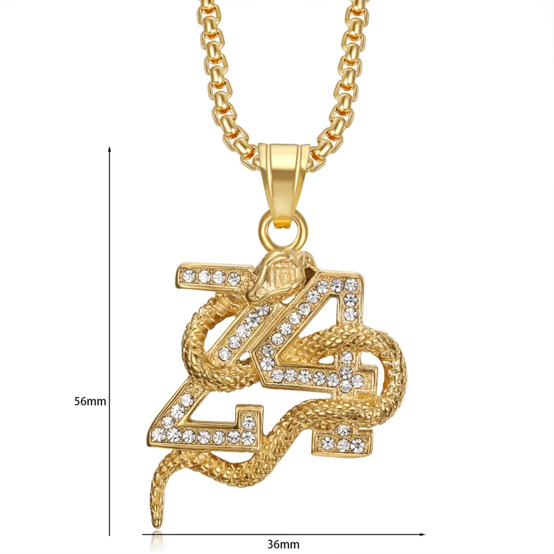 Punk 24 Digital mamba snake Iced Out Shiny CZ Pendant Men Gold Silver Color Stainless Steel Necklace for Women Trendy Jewelry