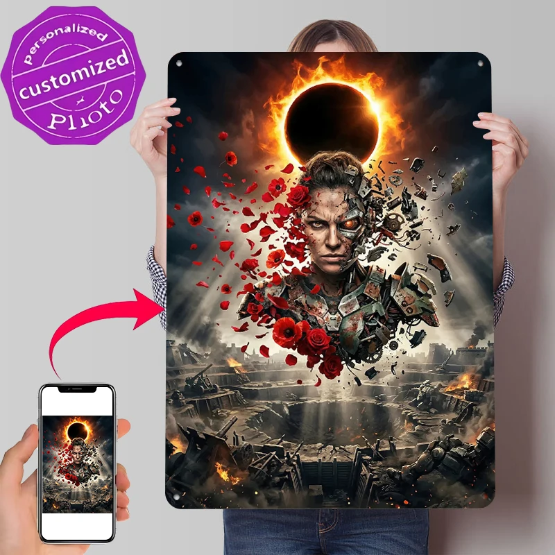 Cyborg Warrior Amidst War and Eclipse Metal Poster Customized Wall Art Retro Vintage Tinplate Signs for Luxury Decoration Room
