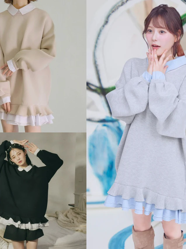 Loose Fitting Heavy Embroidery Sweatshirt Dress Short Skirt Turn down Collar Tapered Hemline Patchwork Spring Autumn Winter N...