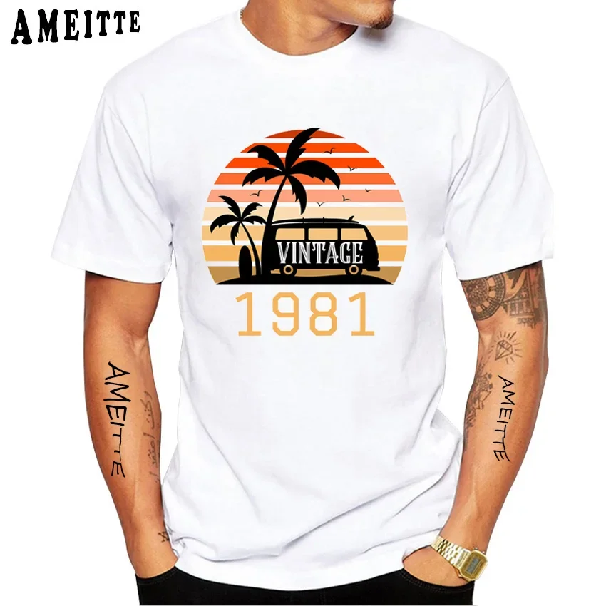 

Summer Vintage 1981 Retro Sunset Print T-Shirt New Fashion Men's Short Sleeve Funny Boy Casual White Tops 40 Years Old Man Tees