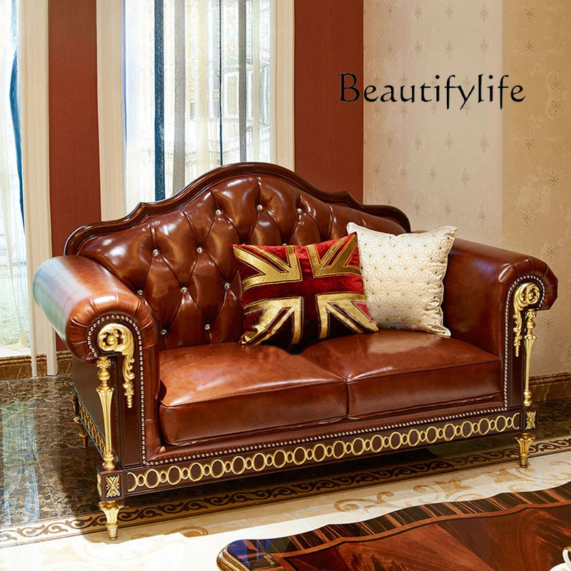 

British European sofa combination leather mahogany core wood copper corner villa living room large apartment sofa