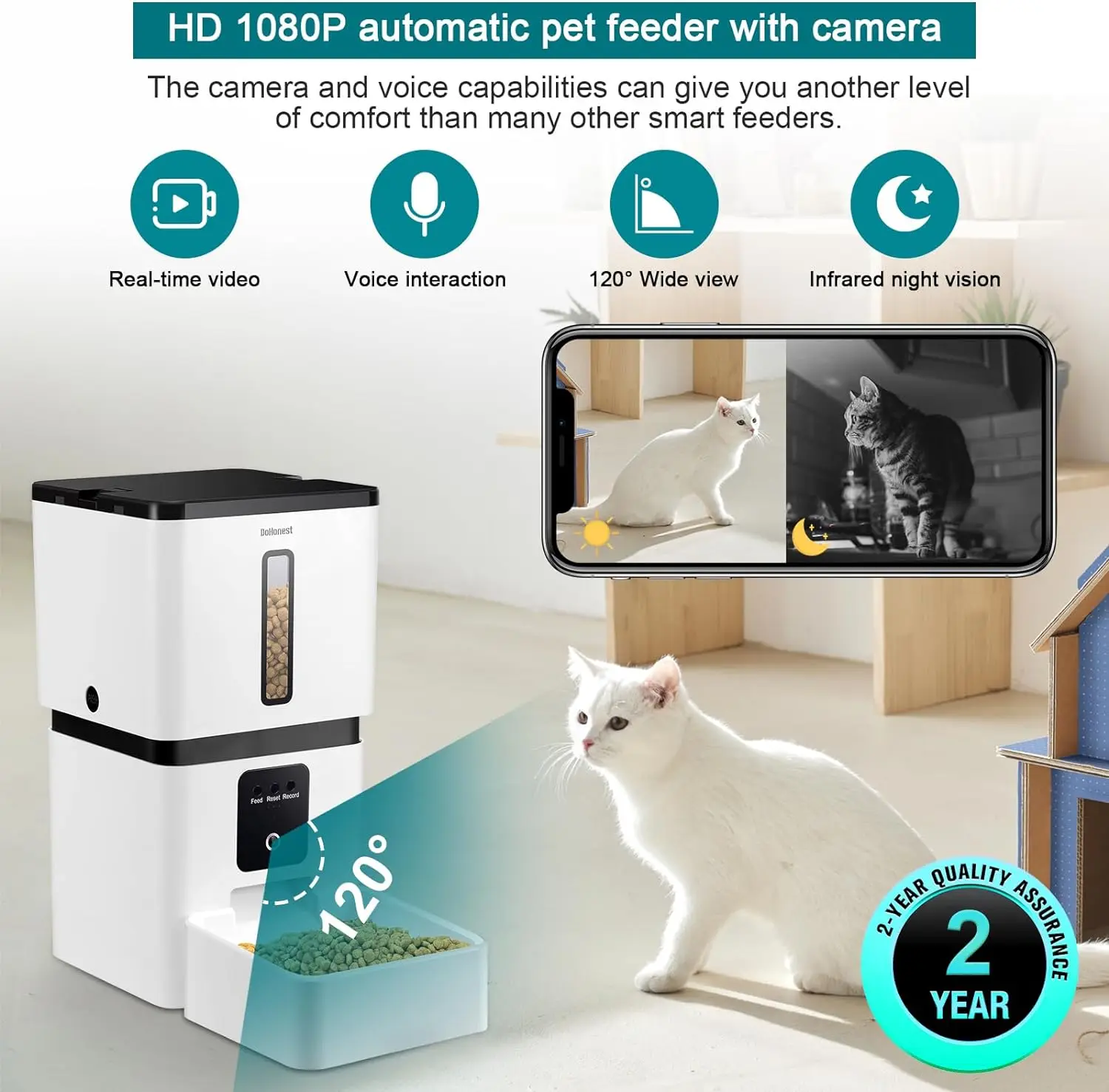 DoHonest-Alimentador automático para perros con cámara 5G, WiFi, fácil configuración, 8L de detección de movimiento, dispensador inteligente de