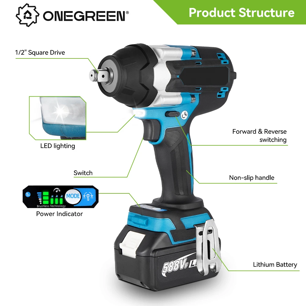 1800N.M Torque Brushless Electric Impact Wrench Cordless Wrench 1/2 inch Lithium-Ion Battery Power Tools For Makita 18V Battery