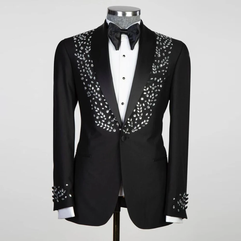 

Handmade Crystals Beaded Suits Men For Wedding Single Breasted Blazer Sets Tailore Made 2 Pieces Groom Wear Tuxedo Costume homme