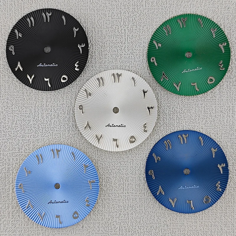 28,5 mm Zifferblatt mit Zeigern, arabischen Ziffern, radiale Textur, passend für NH35 NH36 Zifferblätter, Automatikwerk