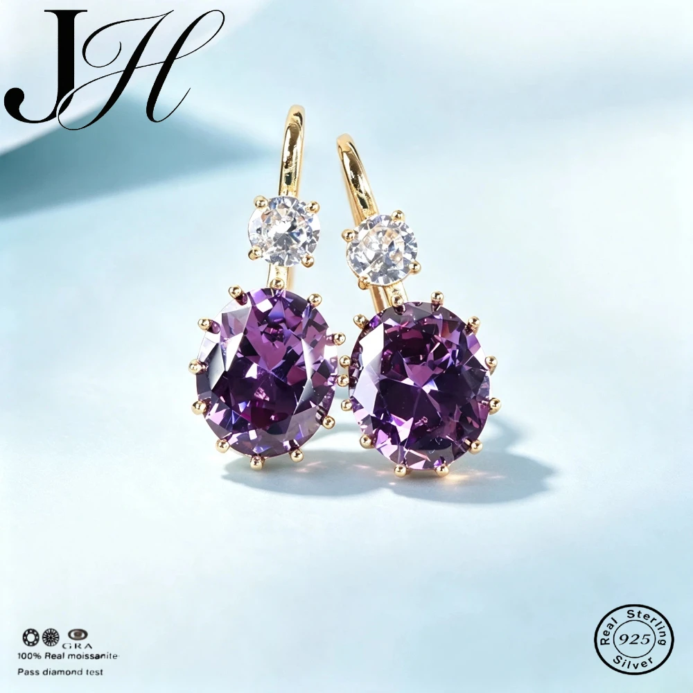 JoiasHome Yellow Gold Color Drop Earrings For Women Silver 925 Jewelry With Purple Zircon Amethyst Female Party Ear Accessories