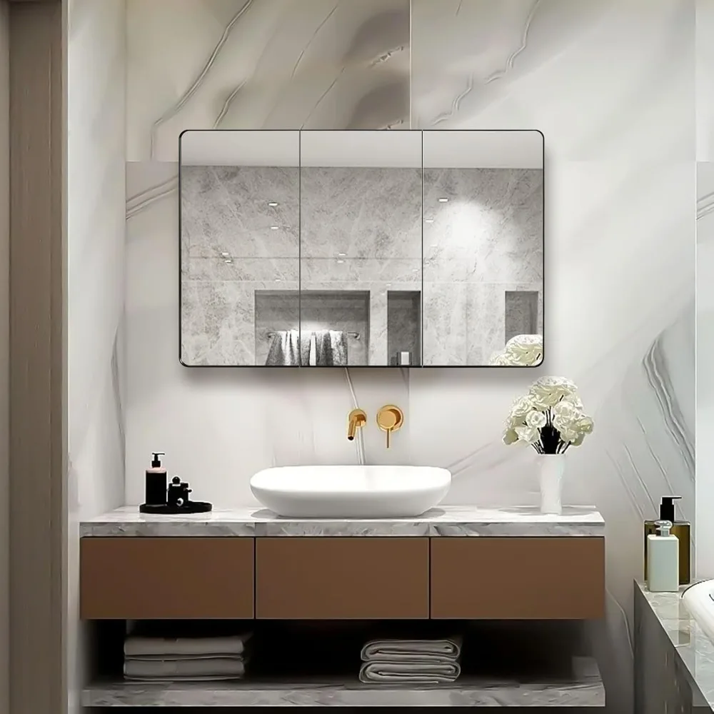 Led Mirror With Adjustable Glass Shelves Miror Black Bathroom Medicine Cabinet With Round Corner Framed Door 40 X 25.5 Inch Wall